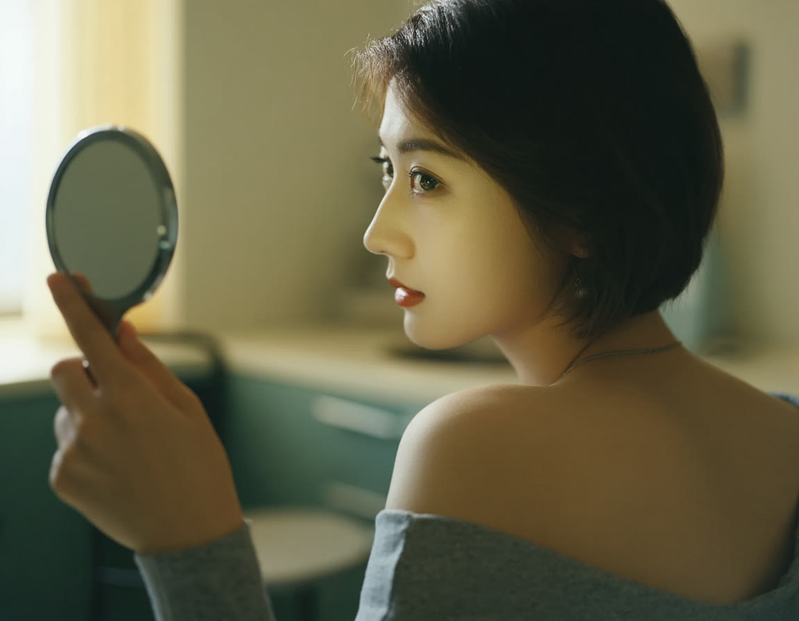 A patient reviewing a trial smile in a hand mirror