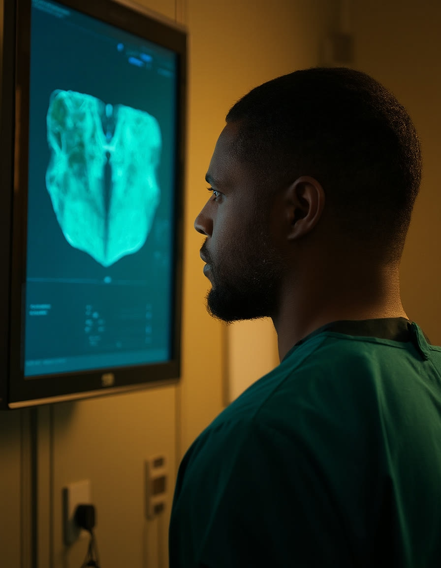 Dr. Okafor reviewing a guided surgical plan on screen