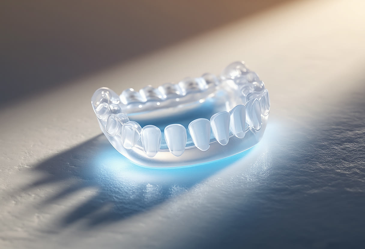 Close-up of a clear Invisalign aligner tray