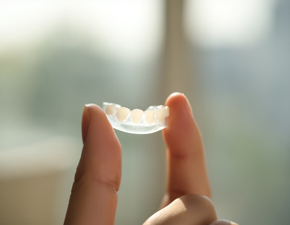 A clear aligner tray held up to the light