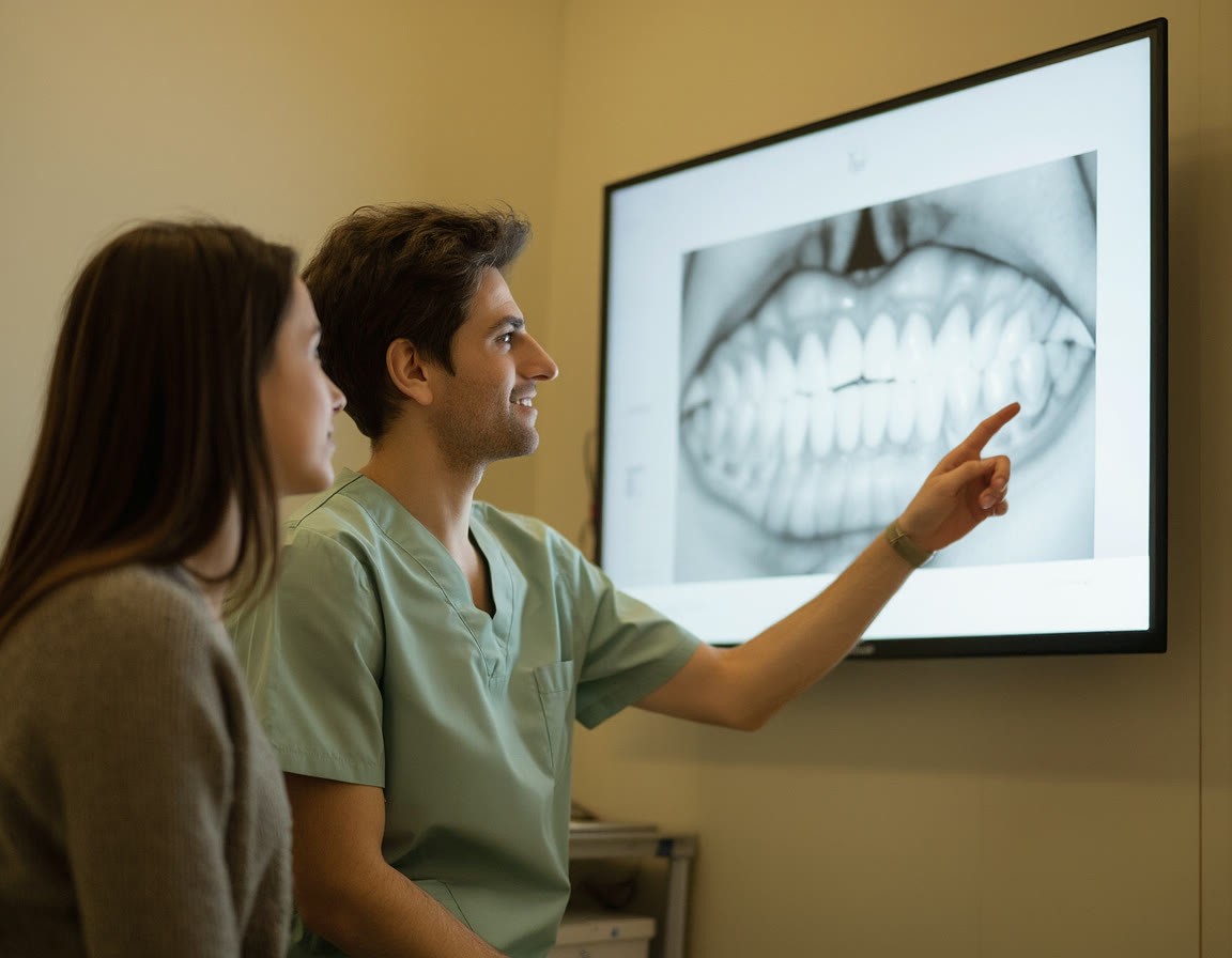 A doctor reviewing intraoral photographs with a patient on a chairside screen