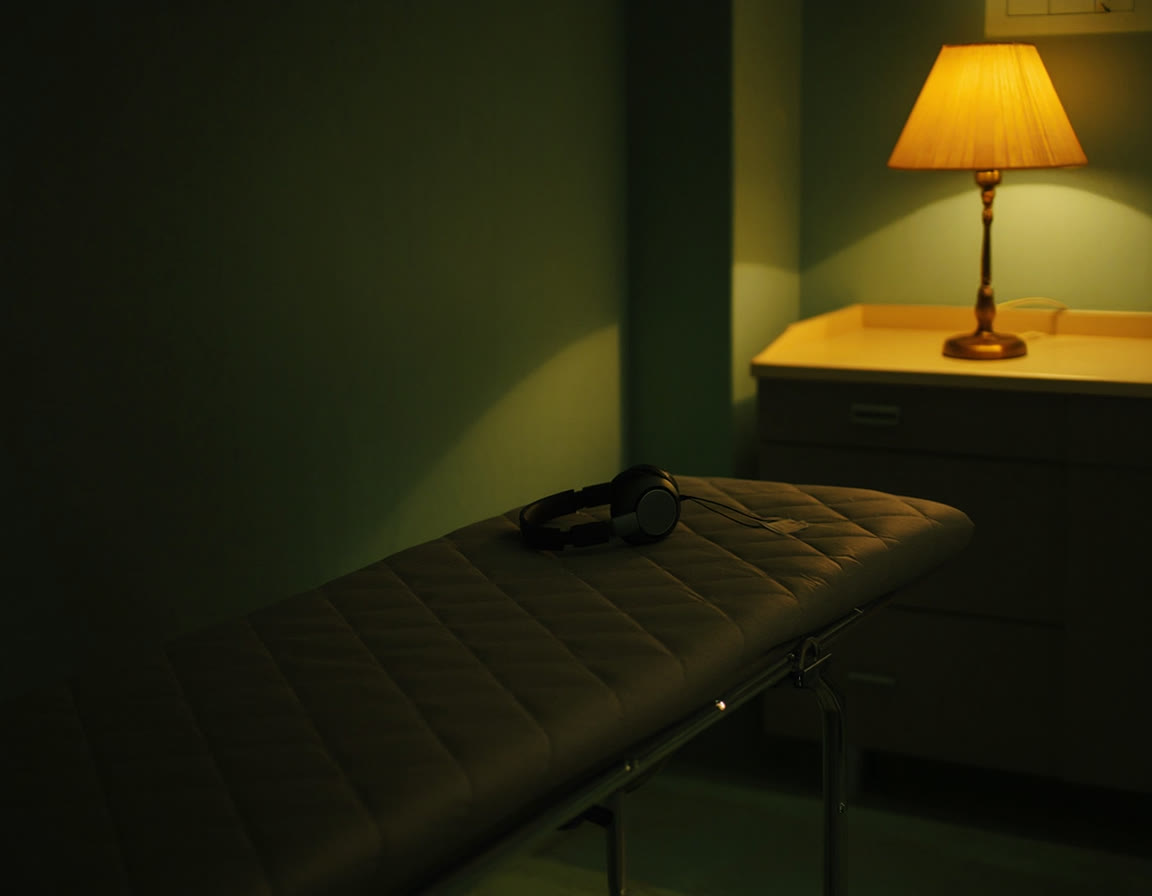 A calm, softly lit treatment room with a blanket on the chair